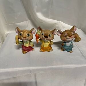 Set of 3 Ceramic Mouse Figurines in Pastel Overalls